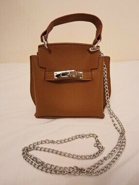 BROWN MINI TOP-HANDLE CROSSBODY BAG WITH SILVER CHAIN